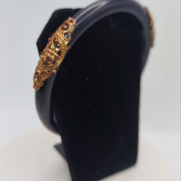 Vintage Black Acrylic Bangle Bracelet with Gold Decorations. - Picture 2 of 9